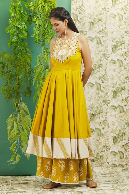 Alaya Advani Yellow Cotton Embroidery Mirror And Thread Scoop Neck Yoke Anarkali & Palazzo Set 