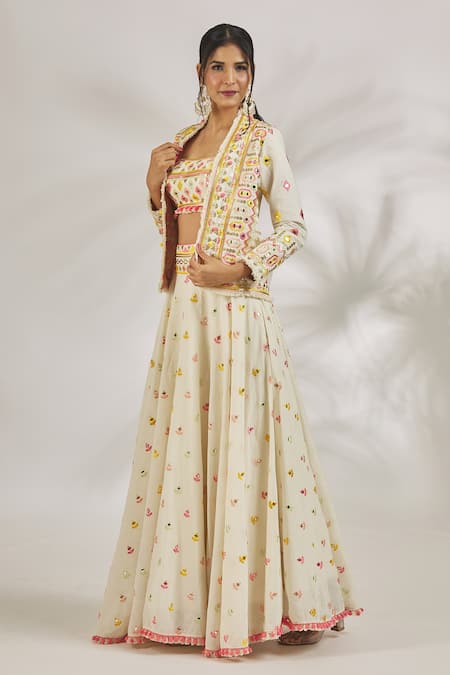 Buy_Gopi Vaid_Ivory Cotton Tassels, Saba Thread Motif Embroidered Lehenga And Blazer Set _Online_at_Aza_Fashions