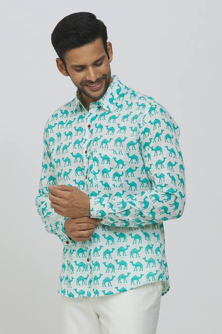 Buy_Aryavir Malhotra_White Cotton Hand Printed Camel Shirt_Online_at_Aza_Fashions