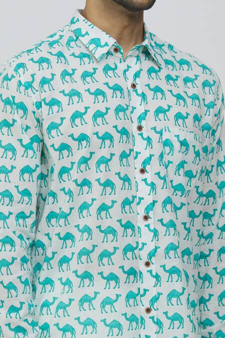 Shop_Aryavir Malhotra_White Cotton Hand Printed Camel Shirt_Online_at_Aza_Fashions