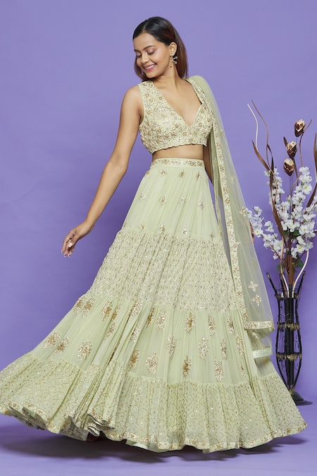 Shop_Neha Mehta Couture_Green Pure Georgette Embroidery Sequin V Neck Lehenga Set _Online_at_Aza_Fashions