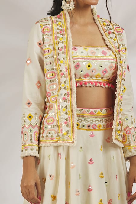 Shop_Gopi Vaid_Ivory Cotton Tassels, Saba Thread Motif Embroidered Lehenga And Blazer Set _Online_at_Aza_Fashions