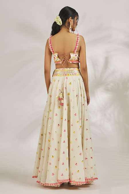 Gopi Vaid_Ivory Cotton Tassels, Saba Thread Motif Embroidered Lehenga And Blazer Set _at_Aza_Fashions