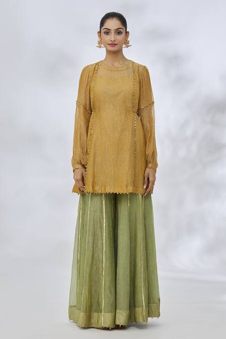 Itrh Yellow Cotton, Silk Sequins, Zari Round Neck Chevron Pattern Tunic Online at Aza Fashions Itrh_Yellow Cotton, Silk Sequins, Zari Round Neck Chevron Pattern Tunic _Online_at_Aza_Fashions