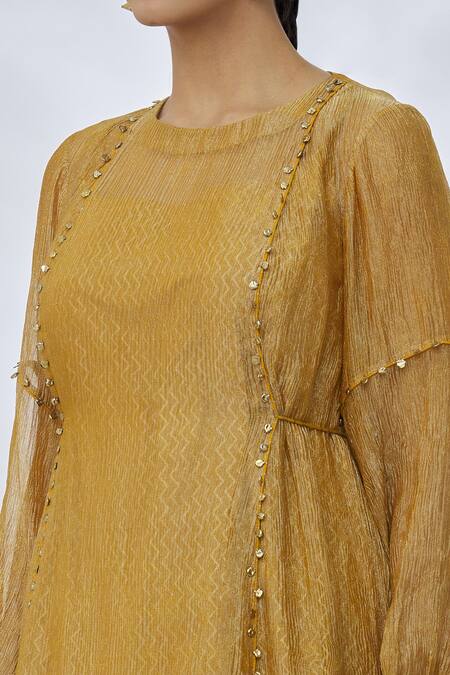 Buy Itrh Yellow Cotton, Silk Sequins, Zari Round Neck Chevron Pattern Tunic Online at Aza Fashions Buy_Itrh_Yellow Cotton, Silk Sequins, Zari Round Neck Chevron Pattern Tunic _Online_at_Aza_Fashions