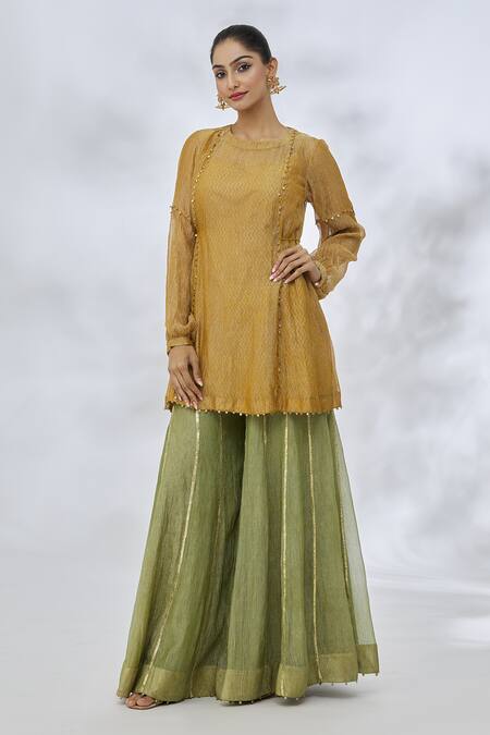 Shop Itrh Yellow Cotton, Silk Sequins, Zari Round Neck Chevron Pattern Tunic Online at Aza Fashions Shop_Itrh_Yellow Cotton, Silk Sequins, Zari Round Neck Chevron Pattern Tunic _Online_at_Aza_Fashions