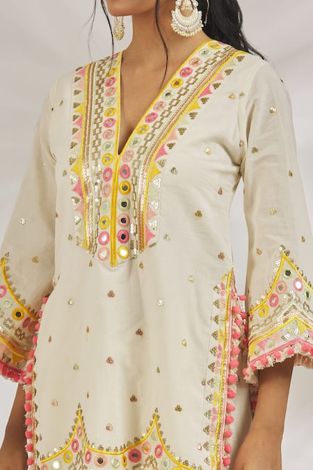 Gopi Vaid_Ivory Cotton Tassels, Bani Thread And Mirror Embroidered Kurta Sharara Set_Online_at_Aza_Fashions