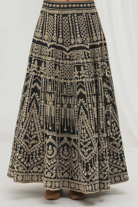 Shop_Vandana Sethi_Black Silk Pearls Square Neck Embellished Lehenga Set _Online_at_Aza_Fashions