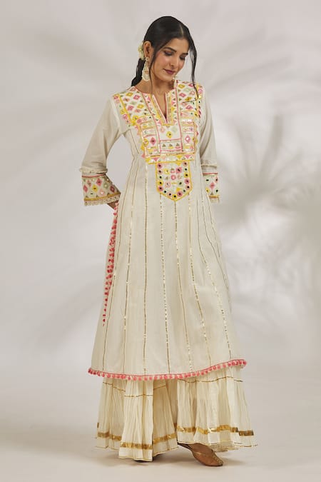 Shop_Gopi Vaid_Ivory Cotton Tassels, Pom-poms V-neck Adah Thread Embroidered Kurta With Sharara _Online_at_Aza_Fashions