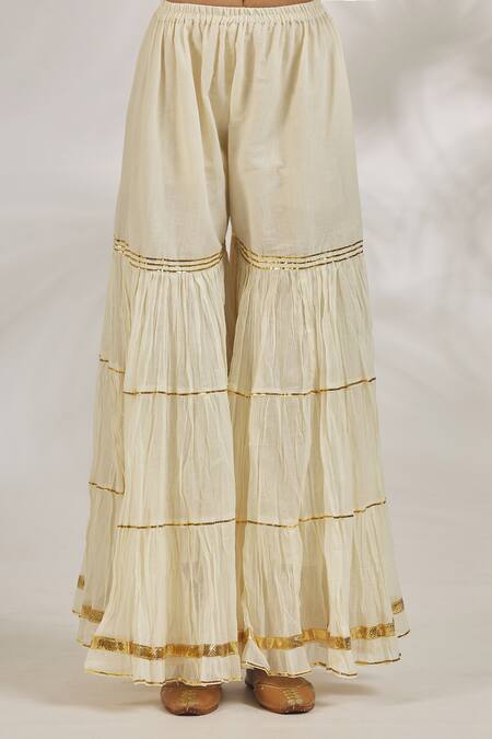 Gopi Vaid_Ivory Cotton Tassels, Pom-poms V-neck Adah Thread Embroidered Kurta With Sharara _at_Aza_Fashions