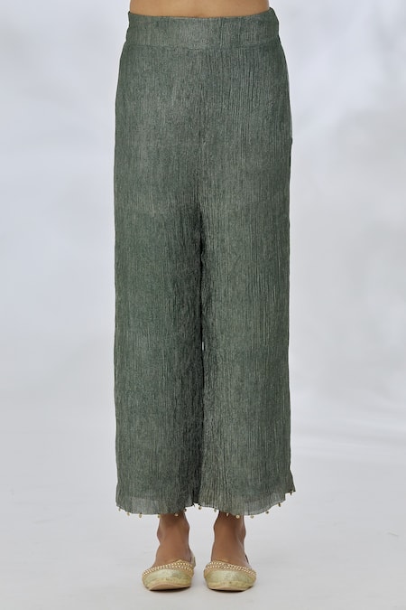 Buy_Itrh_Green Silk Tissue Placement Embroidery Golden Disc Round Collar Kurta Set 