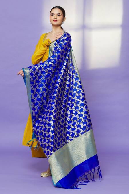 Naintara Bajaj Blue Silk Fringe Floral Woven Dupatta Online at Aza Fashions Naintara Bajaj_Blue Silk Fringe Floral Woven Dupatta _Online_at_Aza_Fashions