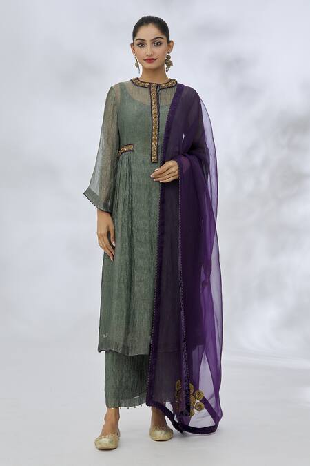 Shop_Itrh_Green Silk Tissue Placement Embroidery Golden Disc Round Collar Kurta Set _Online_at_Aza_Fashions