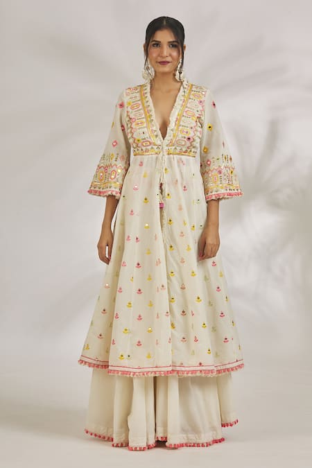 Gopi Vaid_Ivory Cotton Tassels, Pom-poms Heer Thread Embroidered Jacket Kurta With Skirt_at_Aza_Fashions