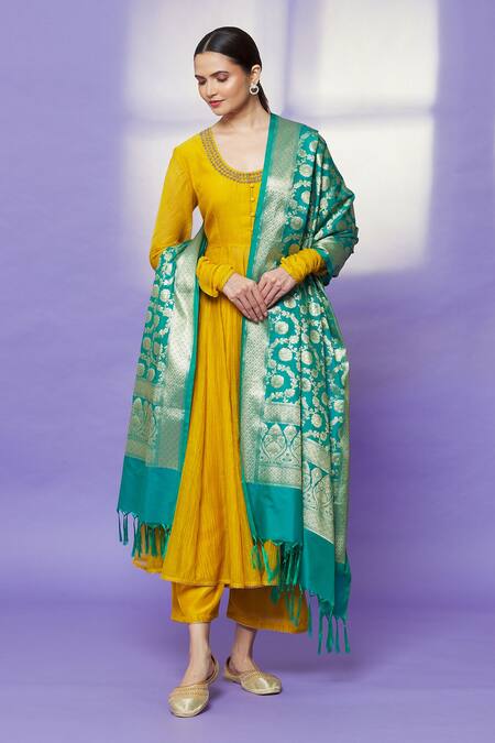 Buy_Naintara Bajaj_Teal Zari, Fringe Metallic Floret Pattern Hem Dupatta _Online_at_Aza_Fashions
