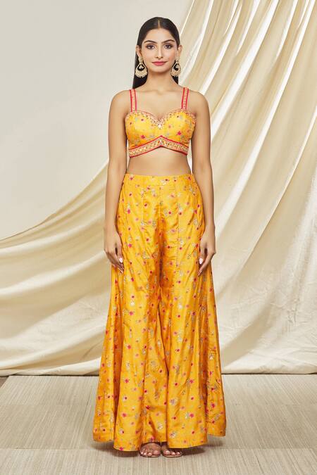 Gopi Vaid_Orange Tussar, Silk Gota Patti Sweetheart Rashida Asymmetric Hem Cape Pant Set_Online_at_Aza_Fashions