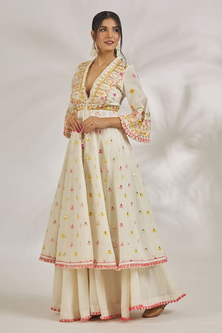 Gopi Vaid_Ivory Cotton Tassels, Pom-poms Heer Thread Embroidered Jacket Kurta With Skirt_Online_at_Aza_Fashions