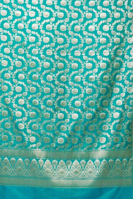 Naintara Bajaj_Teal Zari, Fringe Metallic Floret Pattern Hem Dupatta _Online_at_Aza_Fashions