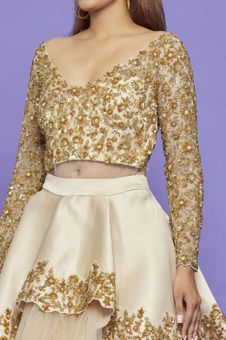 Shop_Neha Mehta Couture_Gold Heavy Satin Sequin, Beads, Thread And Embroidered Blouse & Short Lehenga Set _Online_at_Aza_Fashions