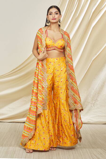 Shop_Gopi Vaid_Orange Tussar, Silk Gota Patti Sweetheart Rashida Asymmetric Hem Cape Pant Set_Online_at_Aza_Fashions