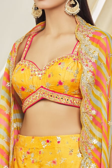 Gopi Vaid_Orange Tussar, Silk Gota Patti Sweetheart Rashida Asymmetric Hem Cape Pant Set_at_Aza_Fashions