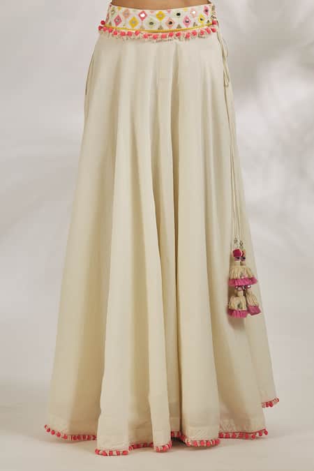 Shop_Gopi Vaid_Ivory Cotton Tassels, Pom-poms Heer Thread Embroidered Jacket Kurta With Skirt_Online_at_Aza_Fashions