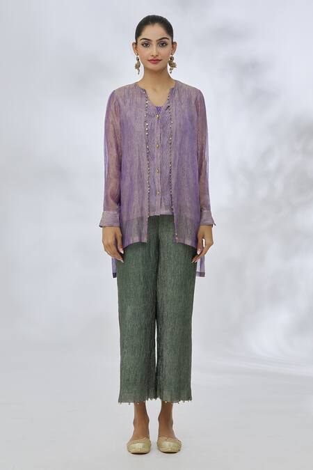 Itrh Purple Silk, Cotton Embroidery V-neck High Low Placement Coin Embellished Top Online at Aza Fashions Itrh_Purple Silk, Cotton Embroidery V-neck High Low Placement Coin Embellished Top _Online_at_Aza_Fashions