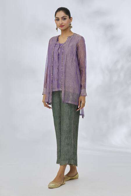 Shop Itrh Purple Silk, Cotton Embroidery V-neck High Low Placement Coin Embellished Top Online at Aza Fashions Shop_Itrh_Purple Silk, Cotton Embroidery V-neck High Low Placement Coin Embellished Top _Online_at_Aza_Fashions