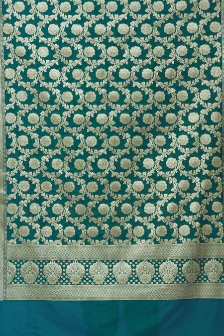 Buy_Naintara Bajaj_Green Brocade Zari, Fringe Floral Woven Banarasi Art Silk Dupatta _Online_at_Aza_Fashions
