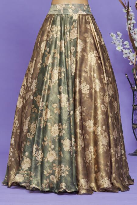 Neha Mehta Couture_Green Satin Georgette Embroidery Sequin And Strappy Blouse & Floral Print Lehenga _at_Aza_Fashions