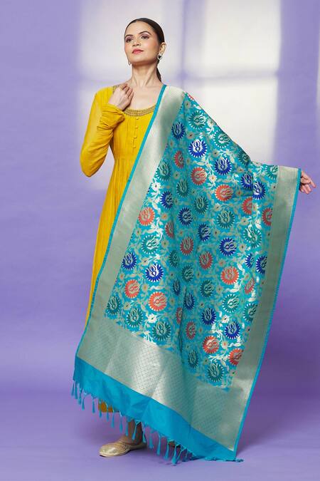 Naintara Bajaj Blue Zari, Fringe Botanic Woven Floral Hem Dupatta Online at Aza Fashions Naintara Bajaj_Blue Zari, Fringe Botanic Woven Floral Hem Dupatta _Online_at_Aza_Fashions