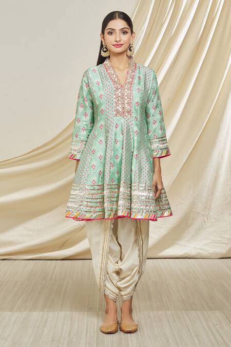 Gopi Vaid_Blue Tussar, Cotton Gota Patti, Zari Embellished Neckline Tunic And Dhoti Pant Set _Online_at_Aza_Fashions