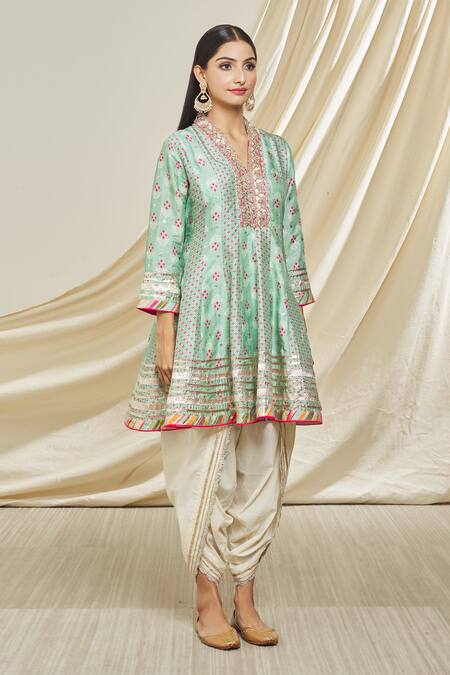 Buy_Gopi Vaid_Blue Tussar, Cotton Gota Patti, Zari Embellished Neckline Tunic And Dhoti Pant Set _Online_at_Aza_Fashions