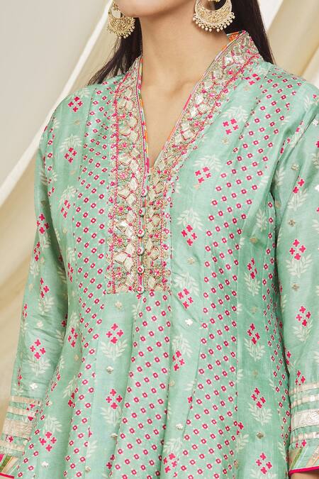 Gopi Vaid_Blue Tussar, Cotton Gota Patti, Zari Embellished Neckline Tunic And Dhoti Pant Set _at_Aza_Fashions