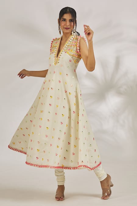Buy Gopi Vaid Ivory Lycra, Cotton Mahi Thread Embroidered Motif Anarkali With Churidar Online at Aza Fashions Buy_Gopi Vaid_Ivory Lycra, Cotton Mahi Thread Embroidered Motif Anarkali With Churidar_Online_at_Aza_Fashions
