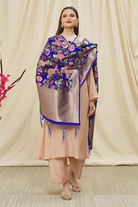 Shop_Naintara Bajaj_Blue Chanderi Silk Embroidery Flower Woven Dupatta _Online_at_Aza_Fashions