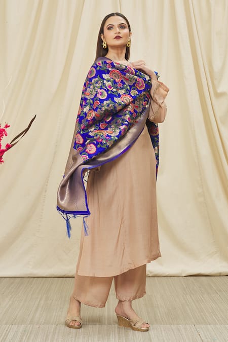 Naintara Bajaj_Blue Chanderi Silk Embroidery Flower Woven Dupatta _Online_at_Aza_Fashions