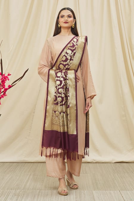 Shop_Naintara Bajaj_Wine Brocade Fringe Leaf Woven Dupatta_Online_at_Aza_Fashions