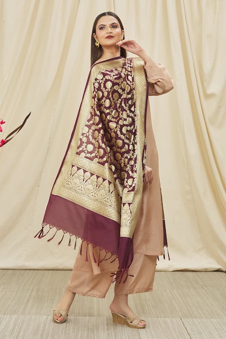 Naintara Bajaj_Wine Brocade Fringe Leaf Woven Dupatta_Online_at_Aza_Fashions