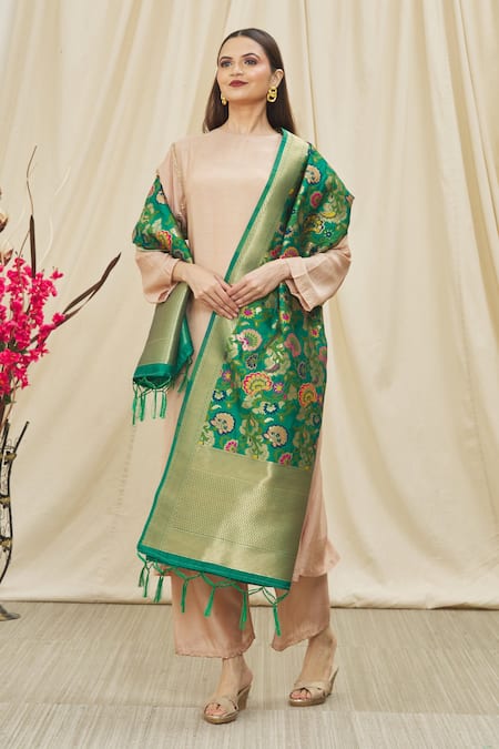 Shop_Naintara Bajaj_Green Brocade Fringe Floral Woven Dupatta _Online_at_Aza_Fashions