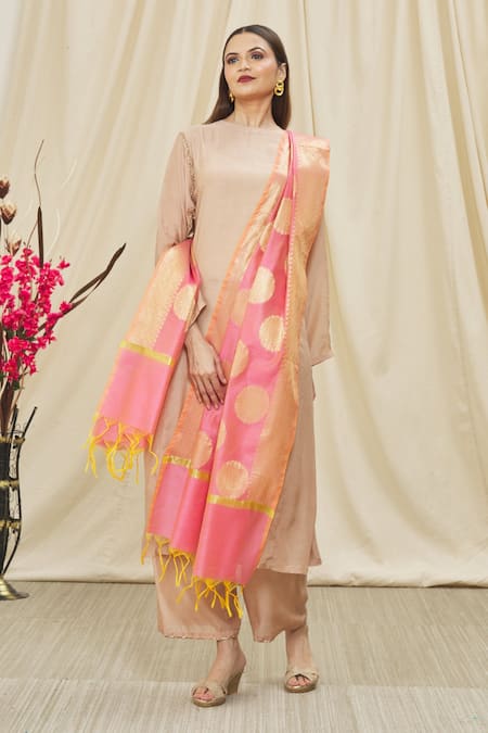 Shop_Naintara Bajaj_Pink Silk Embroidery Floral Woven Dupatta _Online_at_Aza_Fashions