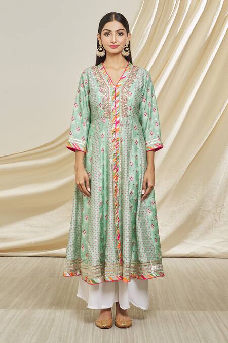 Gopi Vaid_Blue Tussar Embroidery V-neck Floral Pattern Tunic _Online_at_Aza_Fashions