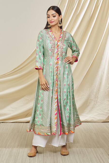 Shop_Gopi Vaid_Blue Tussar Embroidery V-neck Floral Pattern Tunic _Online_at_Aza_Fashions