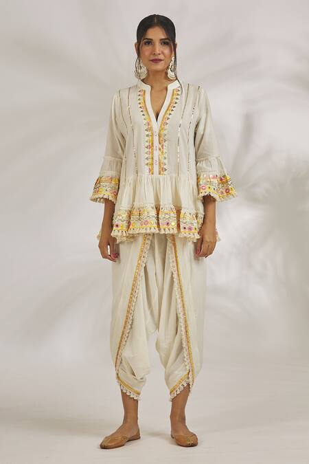 Gopi Vaid Ivory Cotton Mirrors, Sequins, Embroidery Yara And Thread Kurta With Dhoti Pant at Aza Fashions Gopi Vaid_Ivory Cotton Mirrors, Sequins, Embroidery Yara And Thread Kurta With Dhoti Pant_at_Aza_Fashions