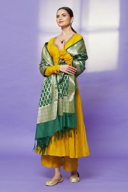 Naintara Bajaj Green Brocade, Silk Zari, Fringe Botanic Pattern Banarasi Art Dupatta Online at Aza Fashions Naintara Bajaj_Green Brocade, Silk Zari, Fringe Botanic Pattern Banarasi Art Dupatta _Online_at_Aza_Fashions