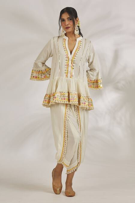Gopi Vaid Ivory Cotton Mirrors, Sequins, Embroidery Yara And Thread Kurta With Dhoti Pant Online at Aza Fashions Gopi Vaid_Ivory Cotton Mirrors, Sequins, Embroidery Yara And Thread Kurta With Dhoti Pant_Online_at_Aza_Fashions
