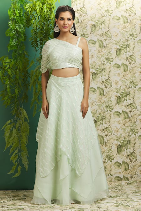 Buy_Aariyana Couture_Green Organza, Crepe Embroidery, Sequins Asymmetric Hand Layered Lehenga Set