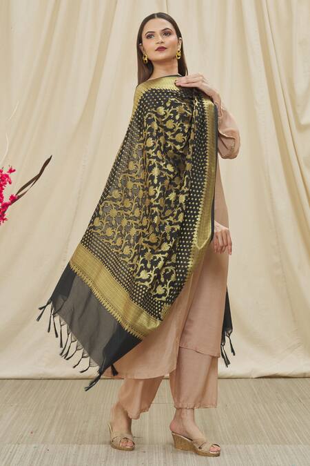 Naintara Bajaj Black Brocade, Silk Embroidery, Fringe Vine Woven Dupatta Online at Aza Fashions Naintara Bajaj_Black Brocade, Silk Embroidery, Fringe Vine Woven Dupatta _Online_at_Aza_Fashions