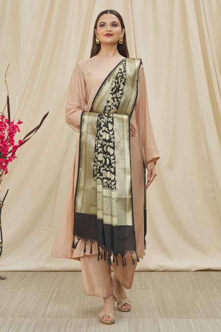 Shop_Naintara Bajaj_Black Brocade Embroidery Blossom Woven Dupatta _Online_at_Aza_Fashions