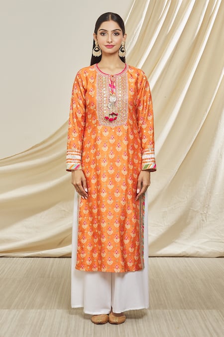 Gopi Vaid_Orange Tussar Tassels Round Neck Tilla Embellished Neckline Tunic _Online_at_Aza_Fashions
